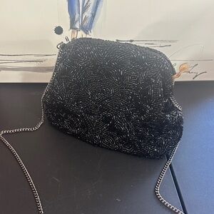 From India to you black beaded clutch with silver chain for crossbody